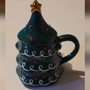6 Christmas Tree Mugs with Gold Star Lids and Red & White Trimming Accents